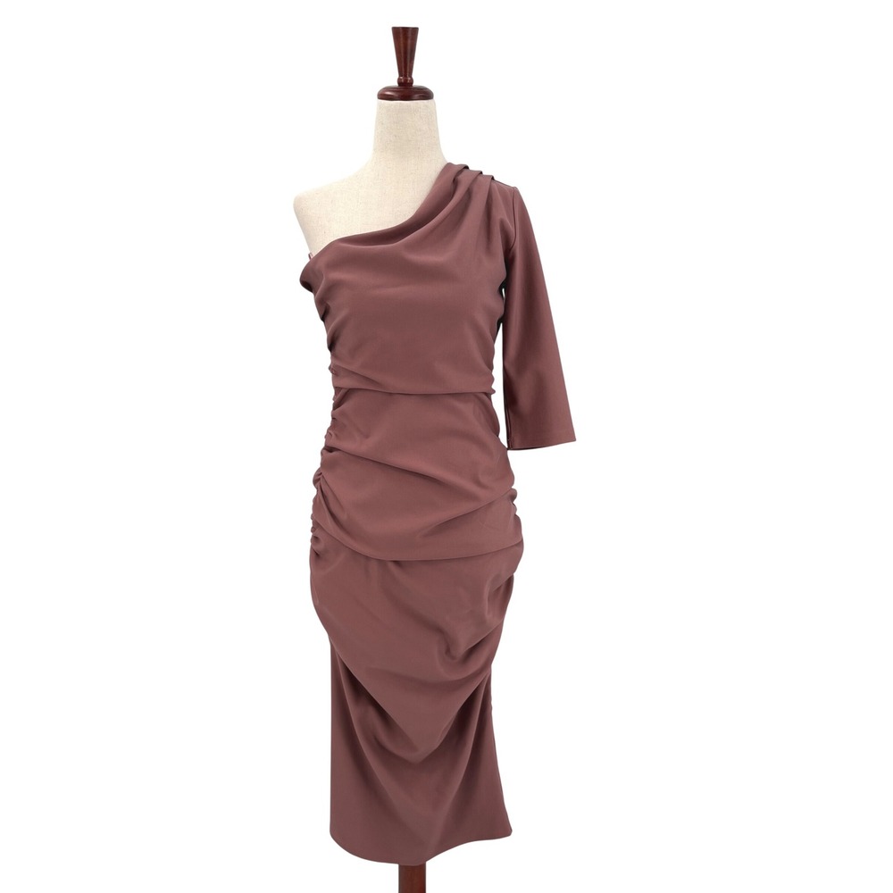 ALIEVA Dolly Bodycon One Shoulder Ruched Dress Dusty Rose Formal Party Large